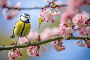 ai generado un bluetit pájaro descansando en el rama de un árbol. ai generado. foto