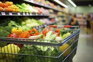 AI generated Close up of full shopping cart in grocery store. AI Generated photo