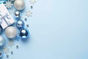 AI generated Christmas Eve concept. Top view photo of blue and silver baubles snowflake ornaments stylish present boxes and confetti. AI Generated