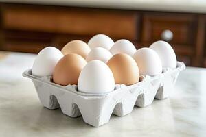 AI generated Close up of open carton of fresh store bought white eggs. AI Generated photo