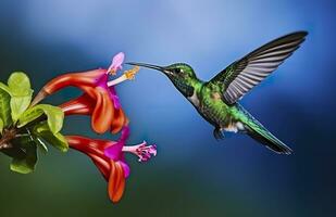 AI generated Hummingbird bird flying next to a beautiful red flower with rain. AI Generated photo