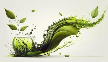 AI generated Green herbal tea wave splash with leaves flow. AI Generated photo