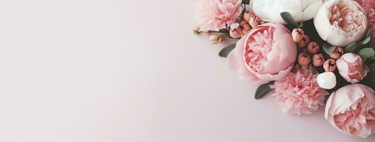 AI generated Fresh bunch of pink peonies and roses with copy space. AI Generated photo