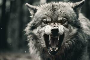 AI generated Greyscale closeup shot of an angry wolf with a blurred background. AI Generated photo