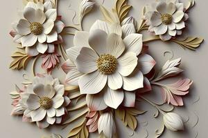 AI generated Elegant colorful 3d flowers with leaves on a tree illustration background. Generative AI photo