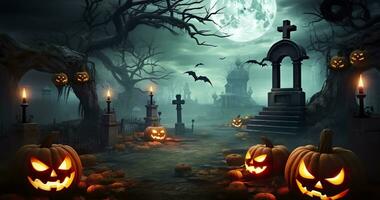 AI generated Pumpkins In Graveyard In The Spooky Night, Halloween Backdrop. Generative AI photo
