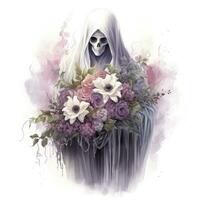 ai generado un maravilloso fantasma participación flor ramo de flores y disfrutando el festividades de Víspera de Todos los Santos, ai generado foto