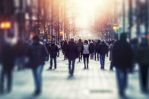 ai generado borroso negocio personas caminando en el ciudad bohordo. ai generado foto