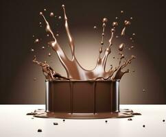 AI generated Chocolate splash with a podium, mockup background for milk product display, 3d. Generative AI photo