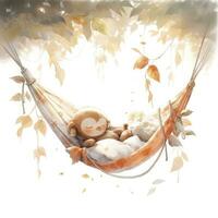 AI generated A sleepy baby monkey in a hammock. watercolor illustration. AI Generated photo