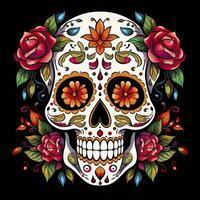 AI generated Mexican roses skull. Mexican roses skull. Dia de los muertos shugar colorful head. AI Generated photo