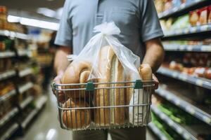 AI generated Man holding shopping basket with bread and milk groceries in supermarket. AI Generated photo