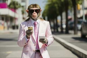 AI generated A Monkey is wearing sunglasses, suit and standing on street. AI Generated photo