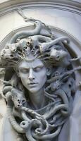 AI generated Portrait of cyborg medusa close up carved in marble. AI Generated photo