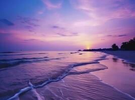 AI generated Summer beach with blue water and purple sky at the sunset.  AI Generated. photo