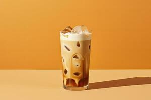 ai generado con hielo latté en amarillo antecedentes. ai generado foto