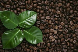 AI generated Green leaves with coffee beans as background. AI Generated photo