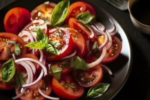 AI generated Healthy tomato salad with onion basil olive oil and balsamic vinegar. AI Generated photo