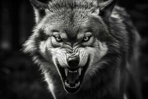 AI generated Greyscale closeup shot of an angry wolf with a blurred background. AI Generated photo