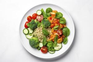 AI generated Salad with quinoa, spinach, broccoli, tomatoes, cucumbers and carrots. AI Generated photo