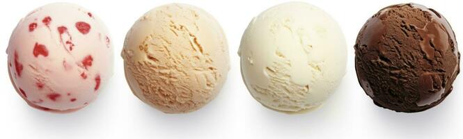 AI generated Set of four various ice cream balls or scoops isolated on white background. AI Generated photo