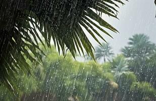 ai generado lluvia en el zona tropical durante el bajo temporada o monzón estación. gotas de lluvia en un jardín. generativo ai foto