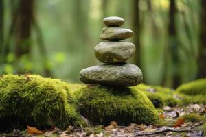 AI generated Pyramid stones balance on old mossy fallen tree. AI Generated photo