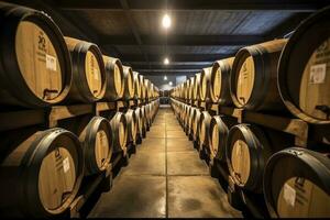 AI generated Wooden oak Port barrels in neat rows. AI Generated photo