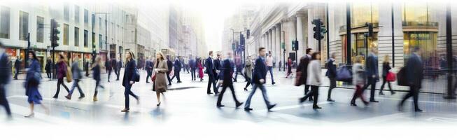 ai generado caminando personas difuminar. un montón de personas caminar en el ciudad de Londres. amplio panorámico ver de personas cruce el la carretera. ai generado foto