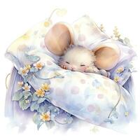 AI generated A sleepy baby mouse in a bedding, watercolor illustration.  AI Generated photo