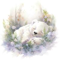 AI generated A sleepy baby bear in a bedding. watercolor illustration. AI Generated photo
