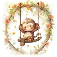 AI generated Cute happy baby monkey on swings on a tree in watercolor. AI Generated photo