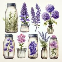 AI generated Collection of watercolor mason jars with purple flowers clipart. AI Generated photo