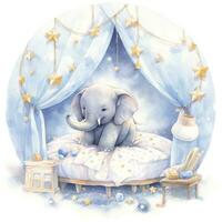 AI generated An elephant on a bed with stars and blankets around the circle. AI Generated photo