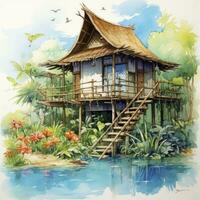 AI generated A watercolored bright serene image of a traditional bahay kubo. AI Generated photo