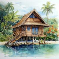 AI generated A watercolored bright serene image of a traditional bahay kubo. AI Generated photo
