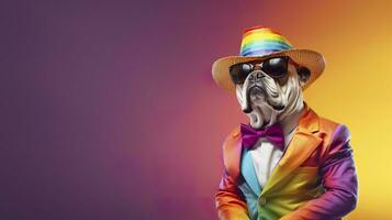 AI generated Cool looking bulldog wearing funky fashion dress. space for text right side. AI Generated photo