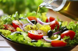 AI generated health benefits of healthy salad, in the style of precise detailing, smooth and shiny. AI Generated photo