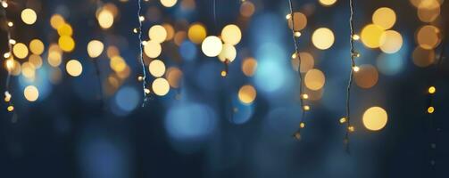 AI generated holiday illumination and decoration concept, Christmas garland bokeh lights over dark blue background. AI Generated photo