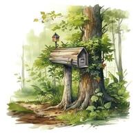 AI generated Watercolor mailbox in a tree on a white background. AI Generated photo