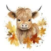 AI generated Happy cute baby highland cow in autumn leaves in the watercolor style. AI Generated photo