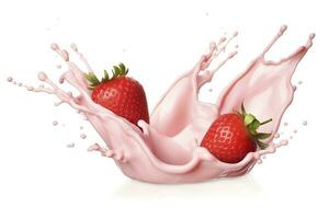 AI generated milk or yogurt splash with strawberries isolated on white background, 3d rendering. AI Generated photo