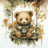 AI generated A cute happy teddy bear swings on a tree on a white background. AI Generated photo