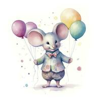 AI generated Watercolor mouse with balloons. AI Generated photo