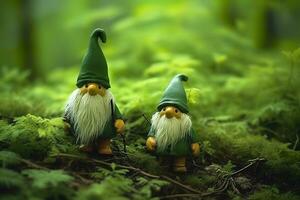 AI generated Toy Irish gnomes in a mystery forest, abstract green natural background. Generative AI photo