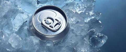 AI generated Top of drink tin can iced submerged in frost ice, metal aluminum beverage. Generative AI photo