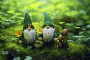 AI generated Toy Irish gnomes in a mystery forest, abstract green natural background. Generative AI photo