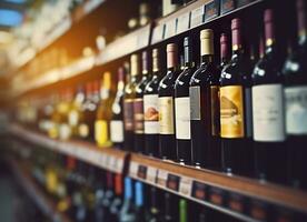 ai generado resumen difuminar vino botellas en espíritu alcohol estantería en supermercado Tienda antecedentes. generativo ai foto