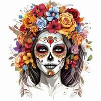 AI generated Woman sugar skull with beautiful colored flowers on white background. AI Generated photo