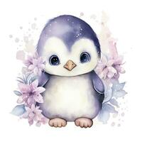 AI generated Watercolor fantasy Baby Penguin clip art isolated white background. AI Generated photo